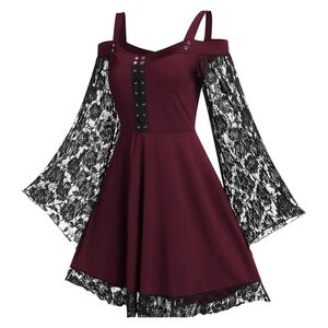 NEW Aivtalk Steampunk Gothic Dress Wine Red And Black Lace 3XL